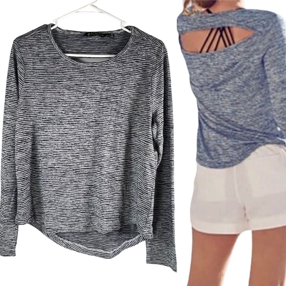 Athleta Breezy Open Back Top Size XS Blue Striped LS High-Low Hem Women's Shirt